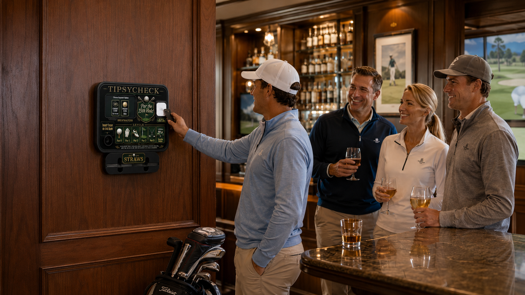 Golfers interacting with a golf-themed TipsyCheck kiosk in an upscale clubhouse bar
