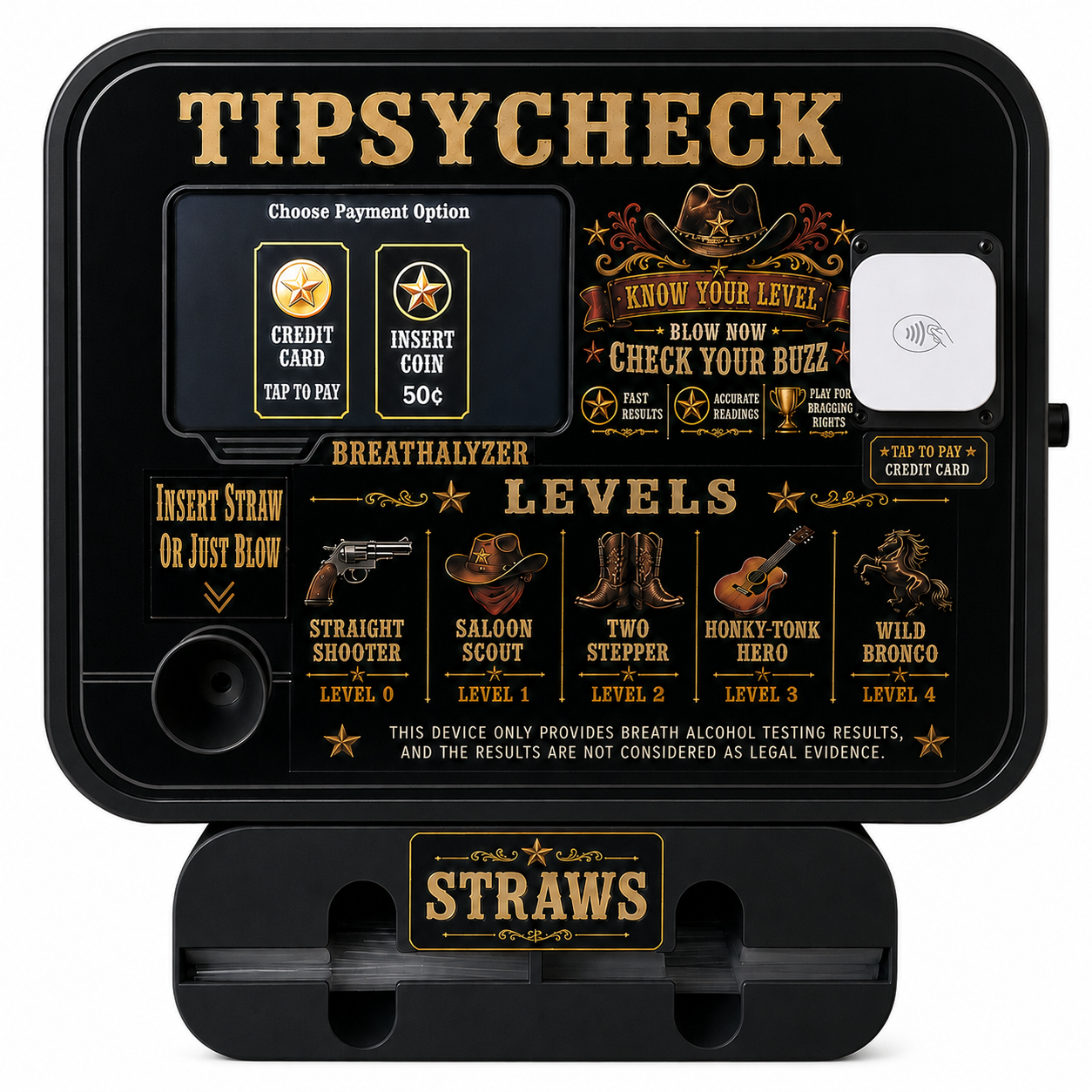 Cowboy tavern themed TipsyCheck device close-up