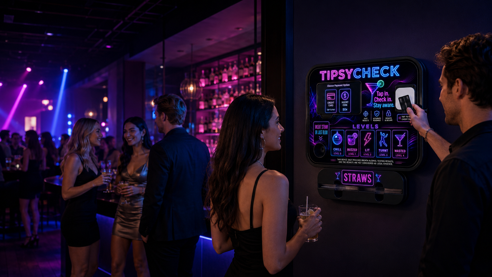 Guests using a neon nightclub themed TipsyCheck kiosk in a lounge
