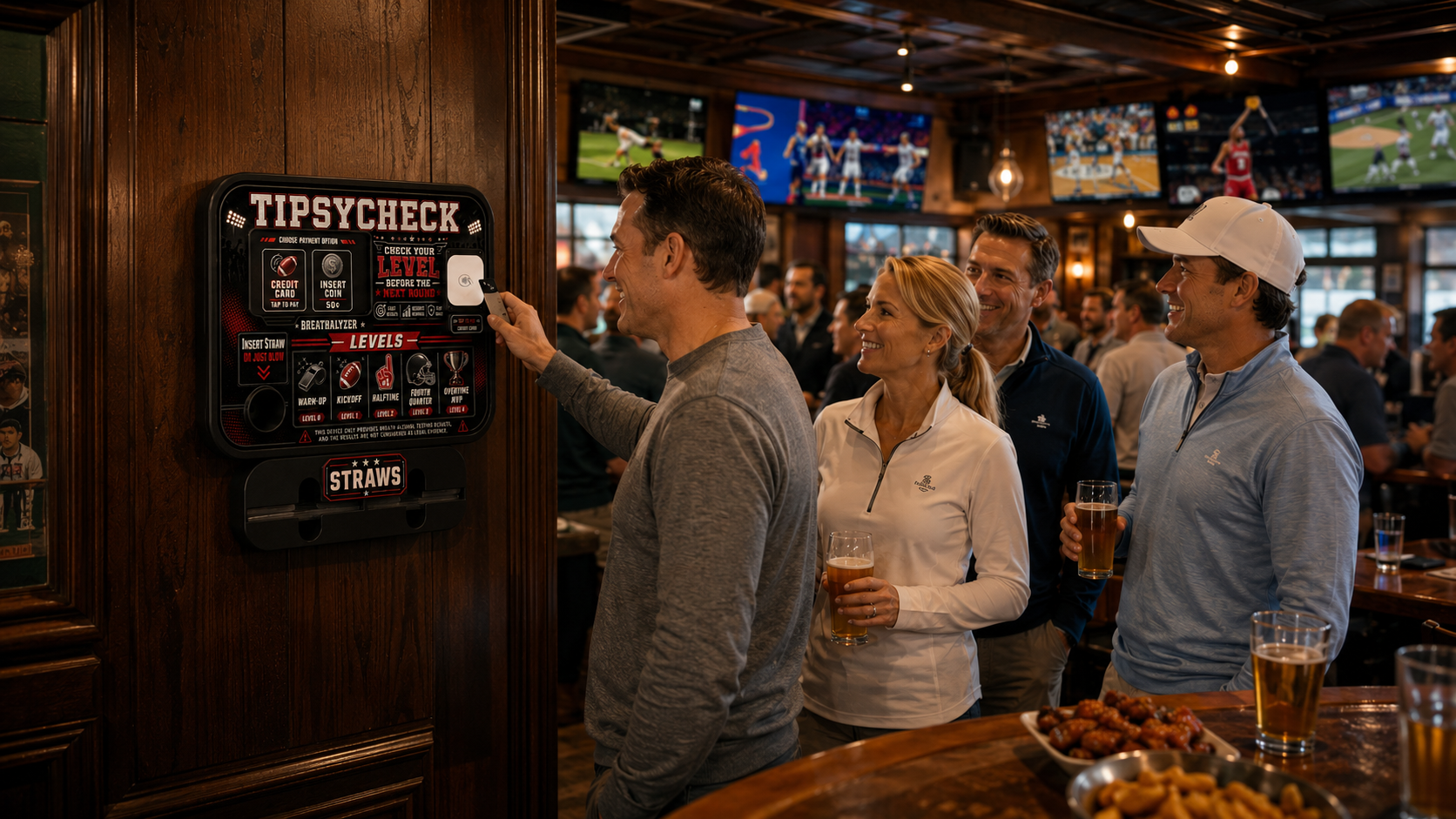Guests using a sports bar themed TipsyCheck kiosk in a busy sports bar